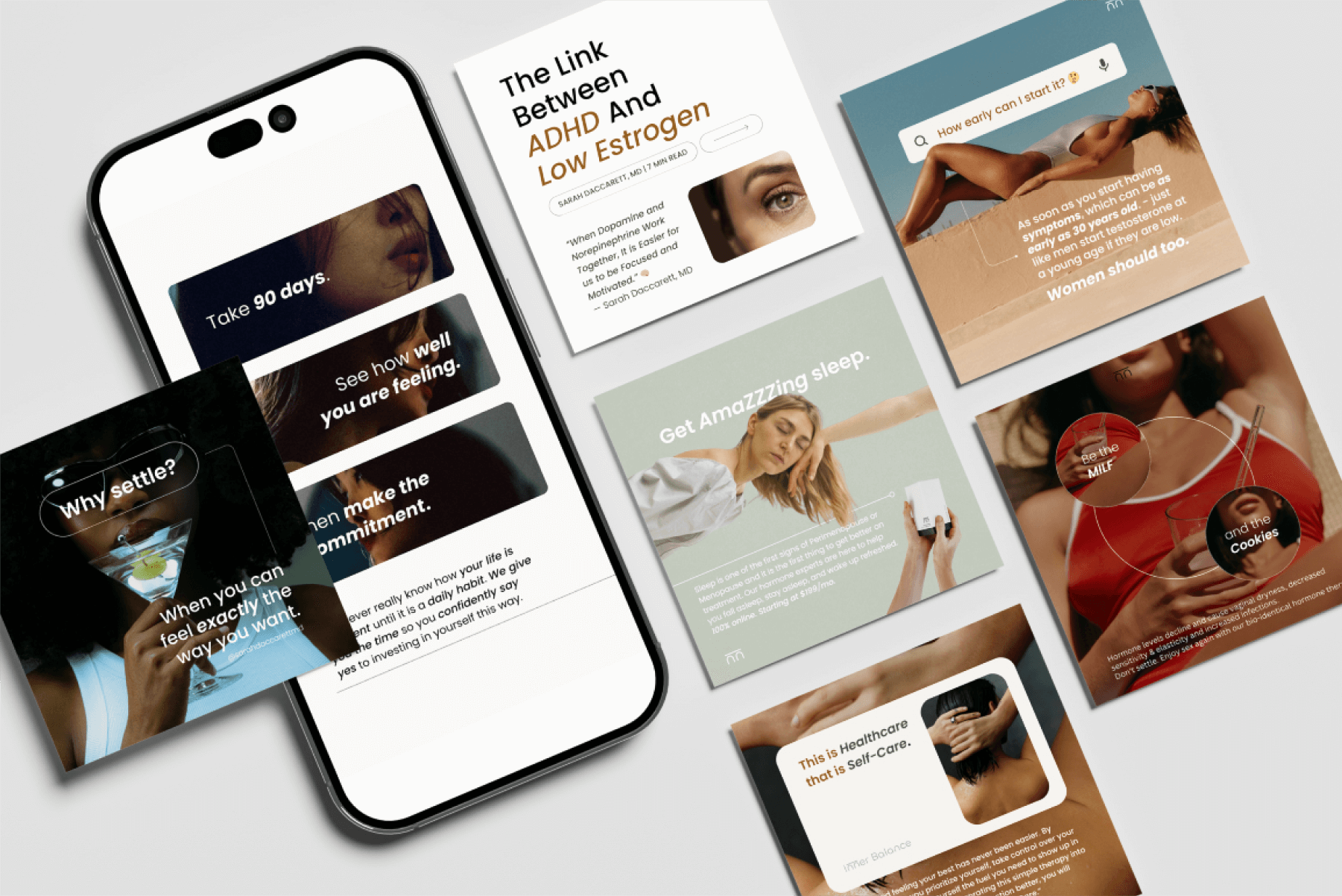 Grid of professional social media ad creatives for medical clinic showing before-after results and service highlights